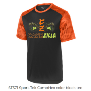 ST371 Sport Tek Camo Hex Color Block Tee-CageZilla Black-Neon Orange