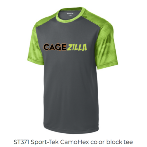 ST371 Sport Tek Camo Hex Color Block Tee CageZilla Iron Grey-Neon Orange
